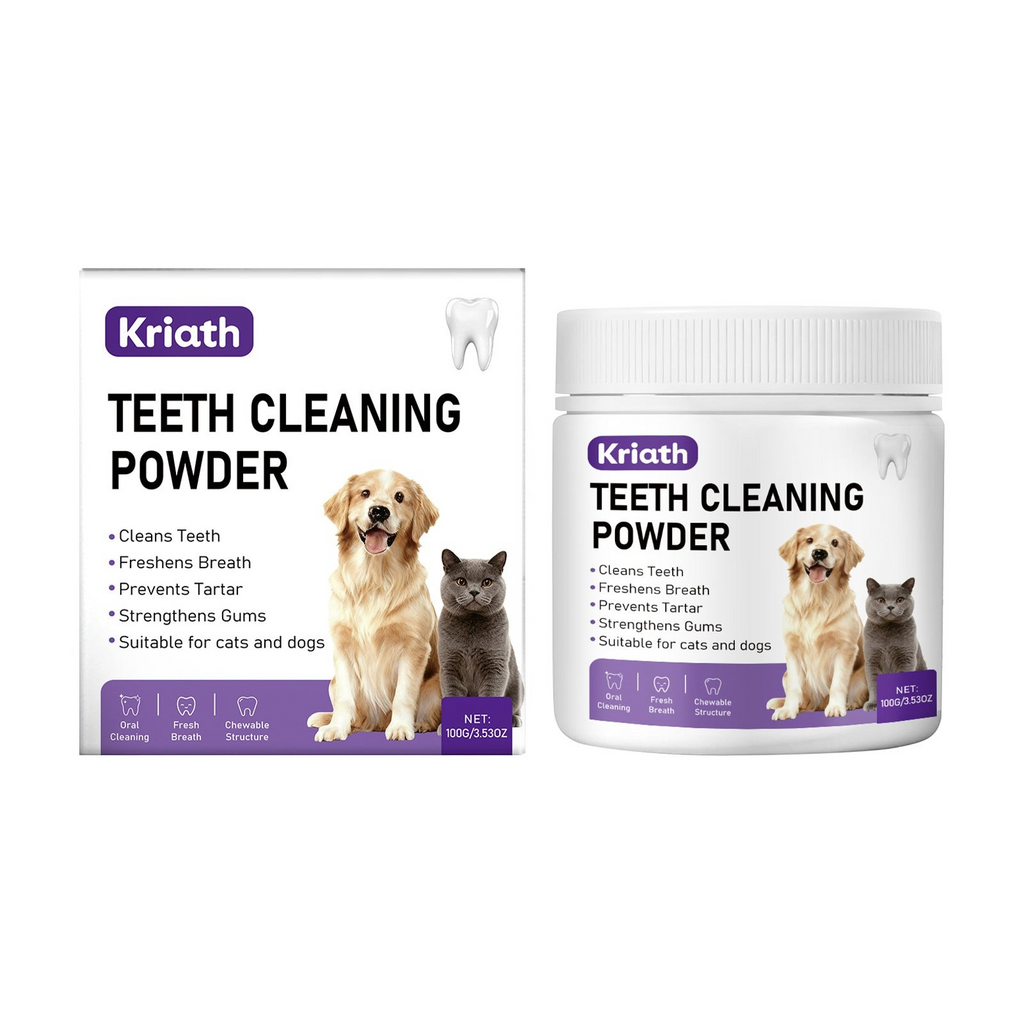 The Tailored Tail pet dental powder for cats and dogs, designed to clean teeth, remove tartar, and freshen breath.