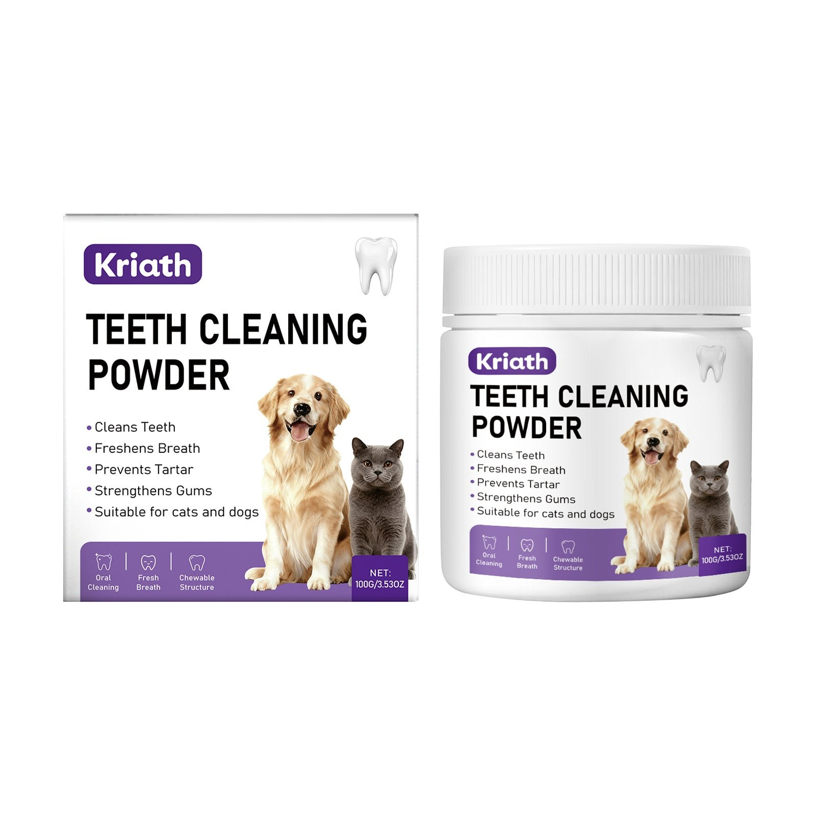 The Tailored Tail pet dental powder for cats and dogs, designed to clean teeth, remove tartar, and freshen breath.