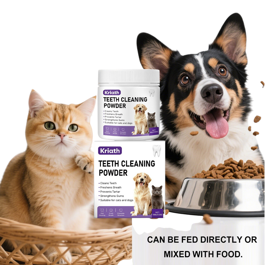 The Tailored Tail pet dental powder for cats and dogs, shown with a cat and a dog to promote tartar and plaque removal.