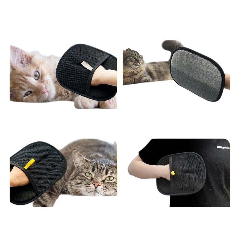 The Tailored Tail electrostatic pet hair removal glove being used to groom a cat and clean fabric surfaces
