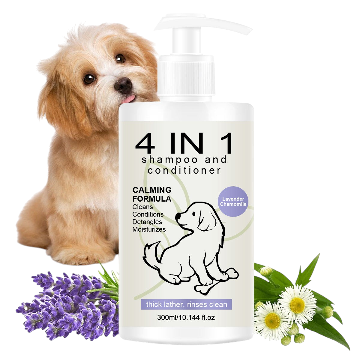 The Tailored Tail 4-in-1 pet shampoo and conditioner with lavender and chamomile for deep cleaning and moisturizing.
