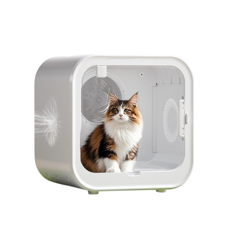 The Tailored Tail silent pet drying box with a fluffy cat inside, featuring a white modern design and airflow vents.