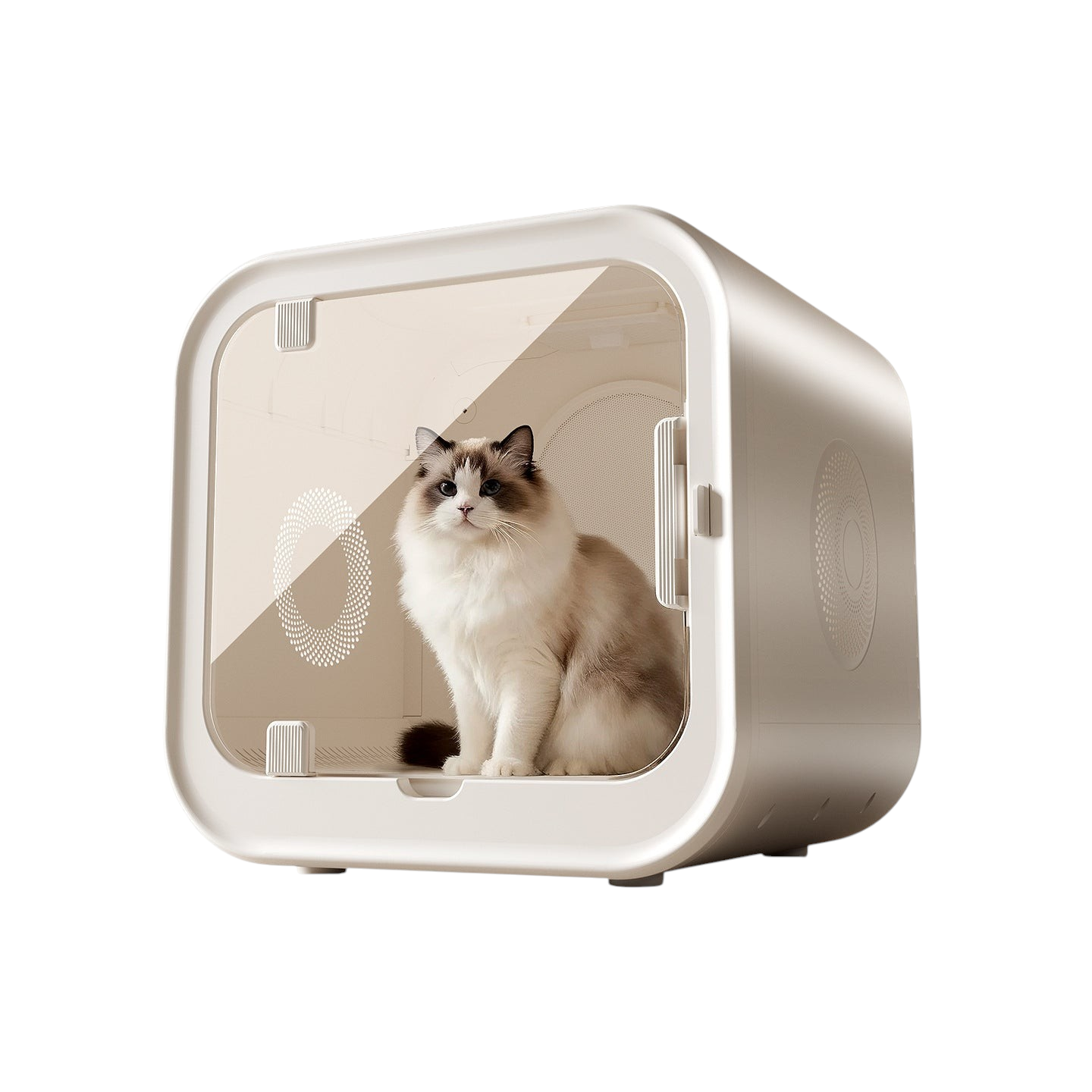The Tailored Tail silent pet drying box featuring a white enclosure with a glass door and a fluffy cat inside.