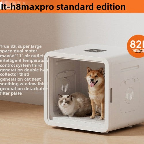 The Tailored Tail smart pet drying box with a dog and cat inside, featuring 82L capacity and dual motor airflow.