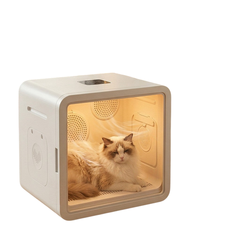 The Tailored Tail smart pet drying box with a fluffy cat resting inside, featuring 3D circulating air and quiet design