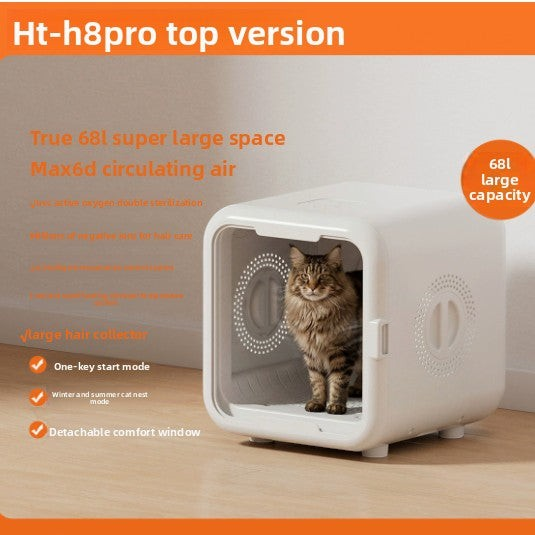 The Tailored Tail smart pet drying box with a cat inside, featuring 68L capacity and 3D circulating air technology.