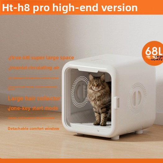 The Tailored Tail smart pet drying box in white with a cat inside, featuring 68L capacity and 3D circulating air.