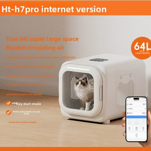 The Tailored Tail smart pet drying box with a cat inside, featuring app control and 64L capacity in white.
