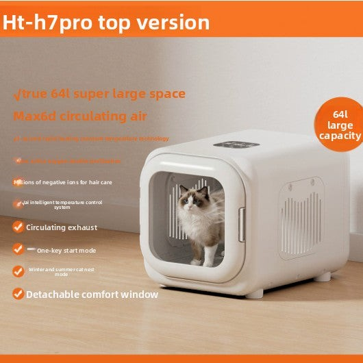 The Tailored Tail smart pet drying box with a cat inside, featuring 64L capacity and 3D circulating air technology.