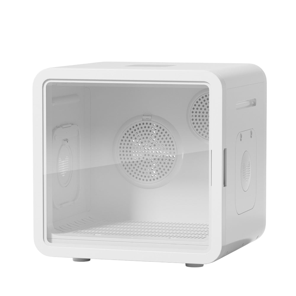 The Tailored Tail smart pet drying box in white with a transparent front door and internal 3D air circulation vents.