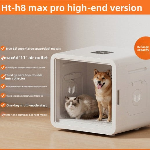 The Tailored Tail smart pet drying box with a Shiba Inu and a cat inside, featuring 3D air circulation and dual motors