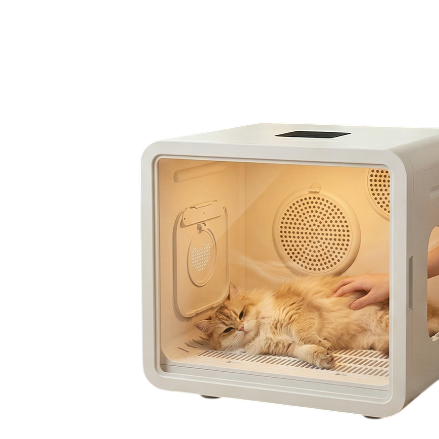The Tailored Tail smart pet drying box with a fluffy cat resting inside under warm, gentle circulating air.