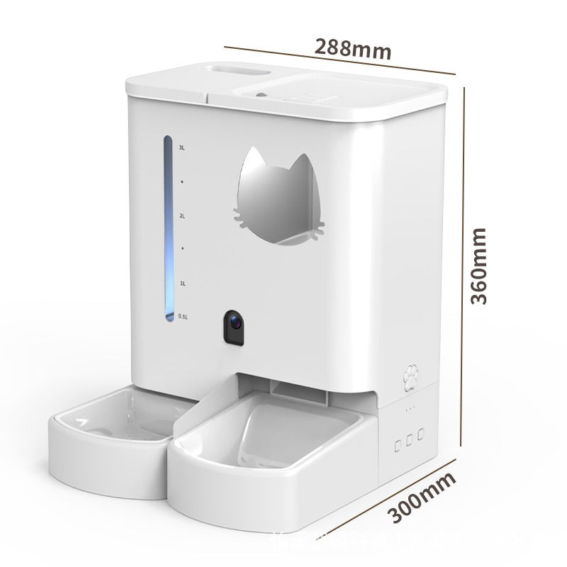 The Tailored Tail white smart pet feeder and water dispenser with integrated camera and cat-shaped viewing window.