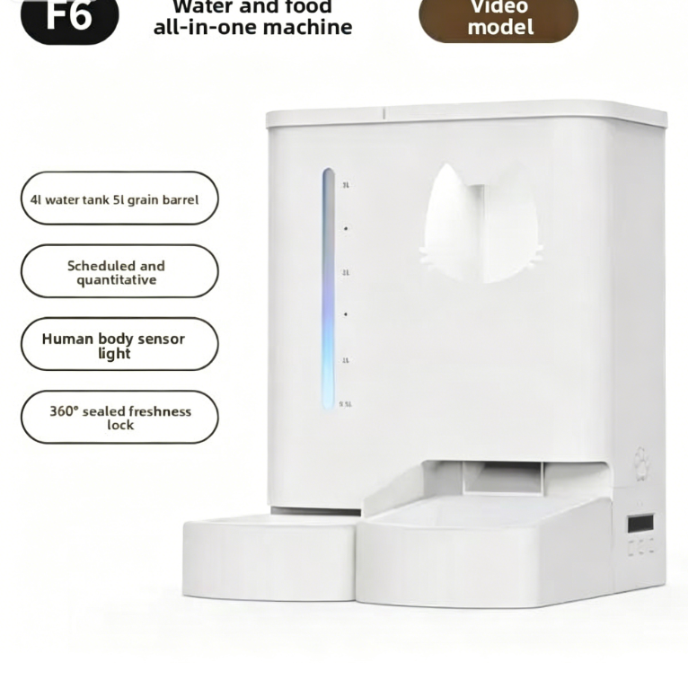 The Tailored Tail white smart pet feeder and water dispenser with app control, camera, and integrated food storage.