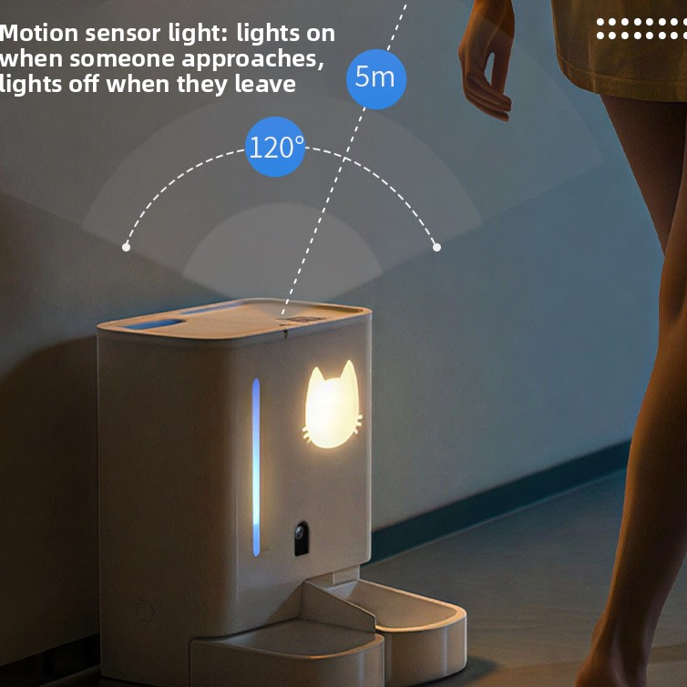 The Tailored Tail smart pet feeder with motion sensor cat-shaped light and 120-degree detection range in white ABS