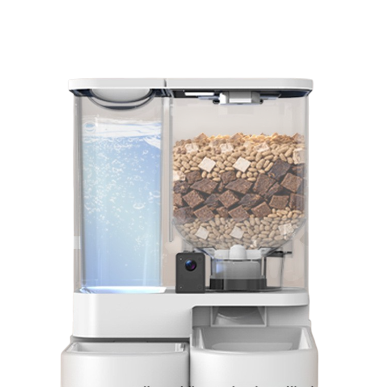 The Tailored Tail white smart pet feeder and water dispenser with integrated camera and food-grade ABS plastic design.