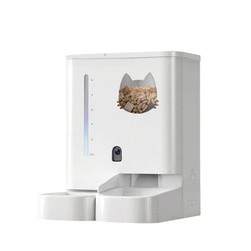 The Tailored Tail white smart pet feeder and water dispenser with integrated camera and cat-shaped food window.
