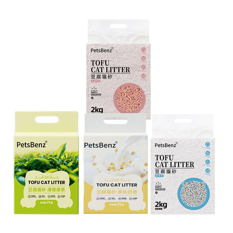 The Tailored Tail PetsBenz tofu cat litter bags in green tea, milk, and original scents, 2kg plant-based formula.