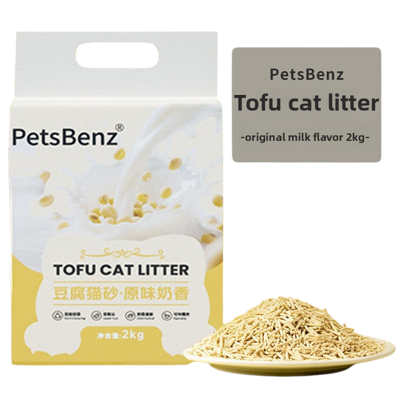 The Tailored Tail PetsBenz 2kg milk-scented tofu cat litter bag with a pile of plant-based pellets on a plate