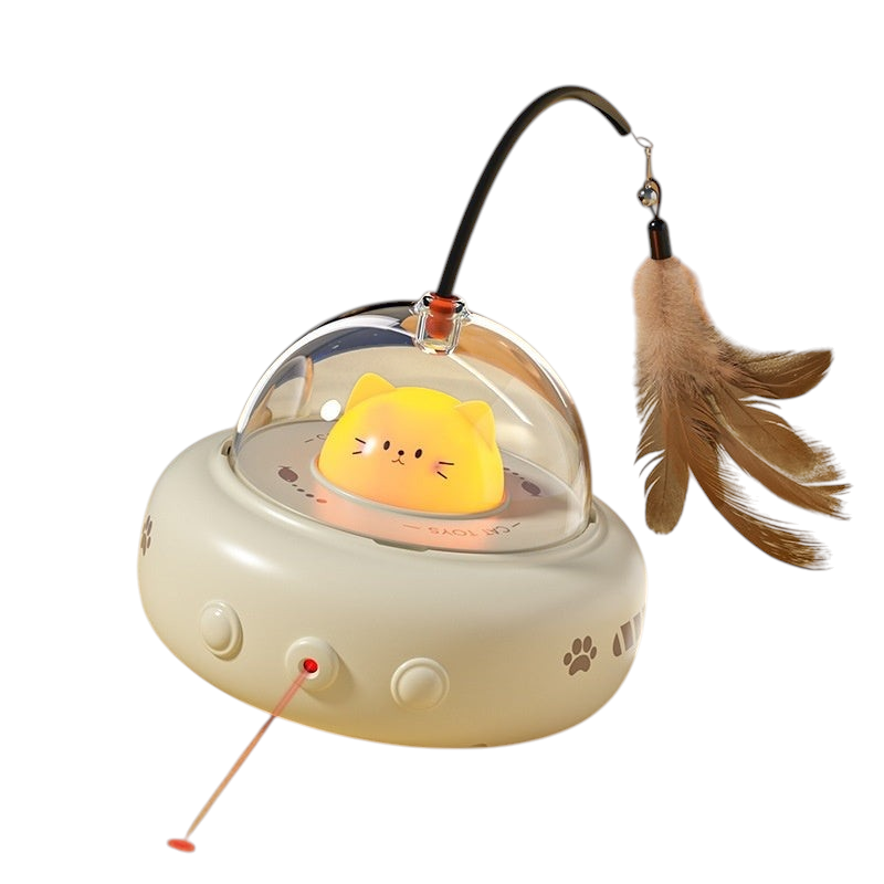 The Tailored Tail electric UFO cat toy in milk coffee with a glowing yellow cat figure, feather wand, and laser beam.