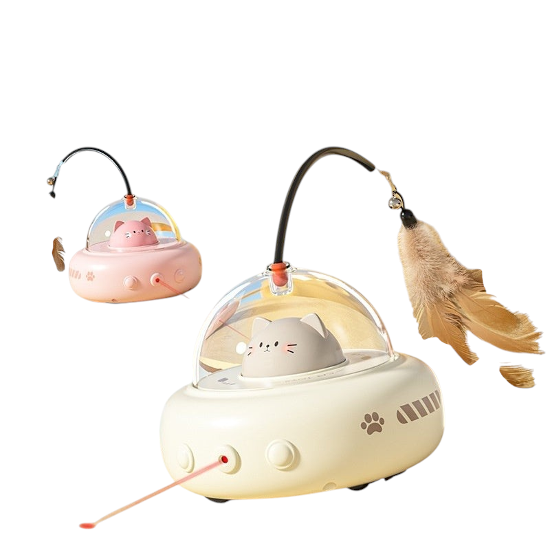 The Tailored Tail electric UFO cat teaser toy in milk coffee and cherry blossom pink with a feather and laser pointer.