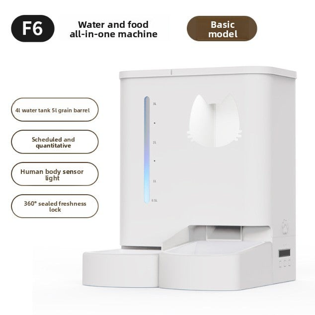 The Tailored Tail white smart pet feeder and water dispenser with integrated food storage and cat-shaped water level